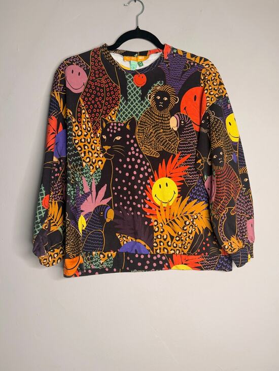 FARM Rio Sweaters - Farm Rio Multicolor Mixed Print Sweater Pop Jungle Smiley Small Boho Patchwork